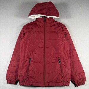Wantdo Puffer Jacket Burgundy Red Sherpa Lined Hood Full Zip Womens Size Small